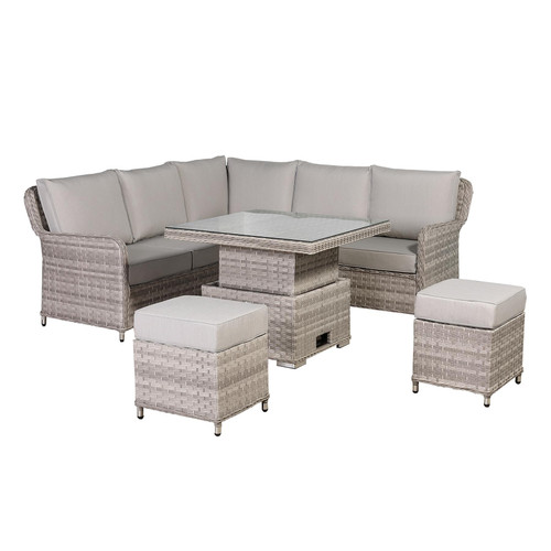 Grey Rattan Garden Corner Sofa Set with Rising Table & Cushions