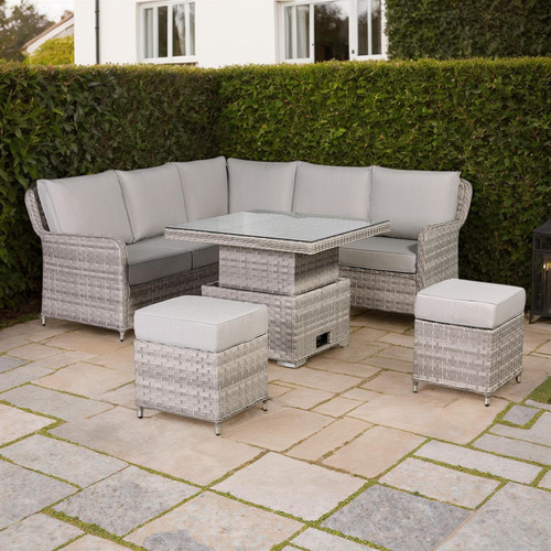 Grey Rattan Garden Corner Sofa Set with Rising Table & Cushions