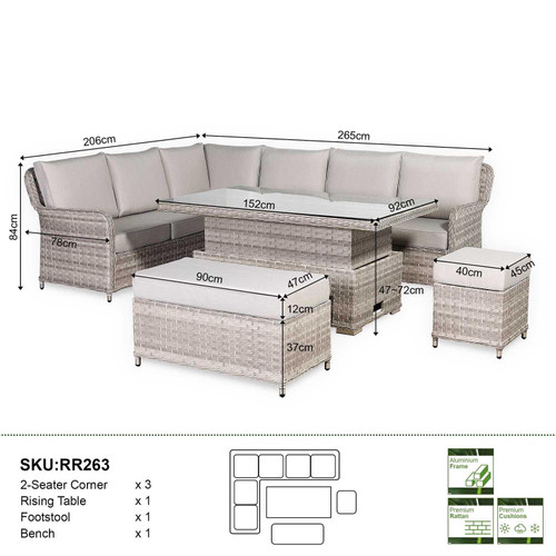 Left Hand Rattan Garden Corner Sofa Set with Rising Table