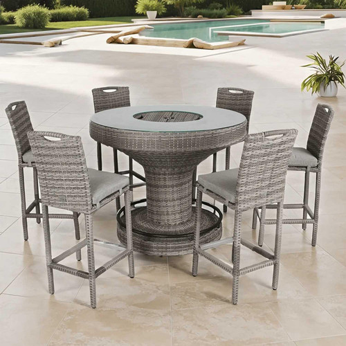 Grey Rattan Garden Bar Set with Ice Bucket Table 6 Seater