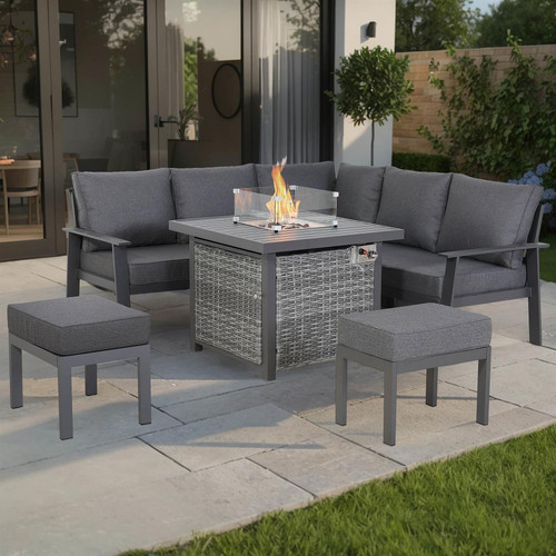 Outdoor Aluminium Corner Sofa Set with Fire Pit Table