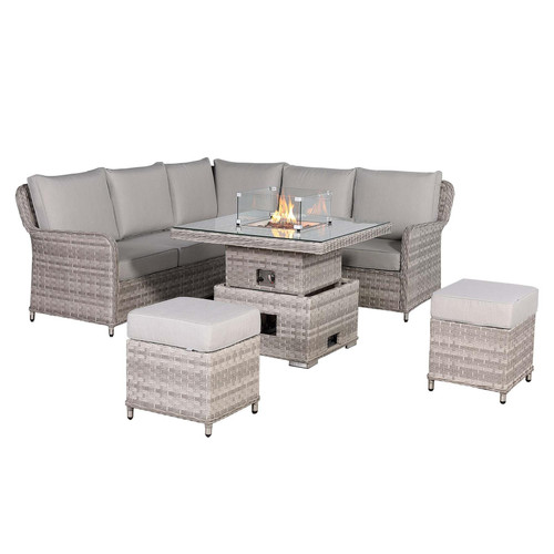 Grey Rattan Garden Corner Sofa Set with Rising Fire Pit Table