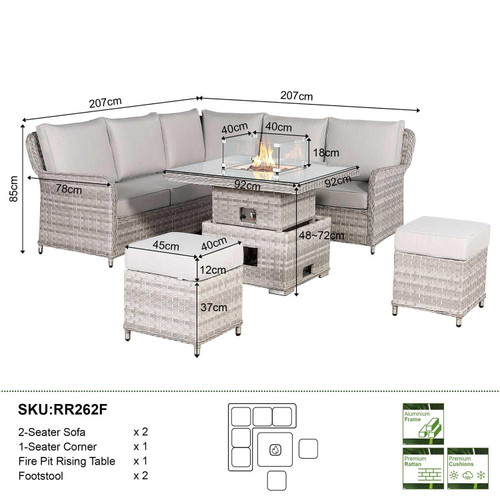 Grey Rattan Garden Corner Sofa Set with Rising Fire Pit Table