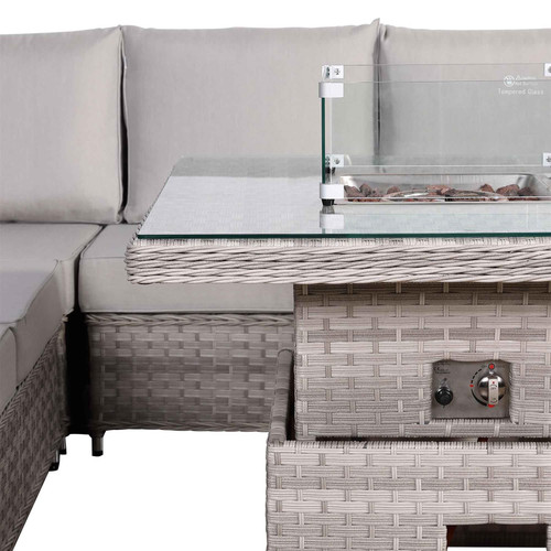 Grey Rattan Garden Corner Sofa Set with Rising Fire Pit Table