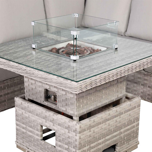 Grey Rattan Garden Corner Sofa Set with Rising Fire Pit Table