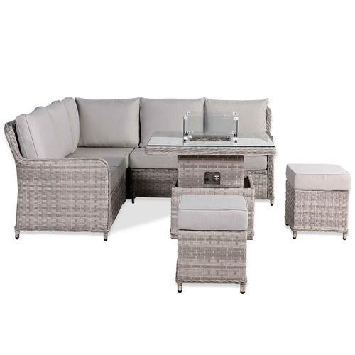 Grey Rattan Garden Corner Sofa Set with Rising Fire Pit Table