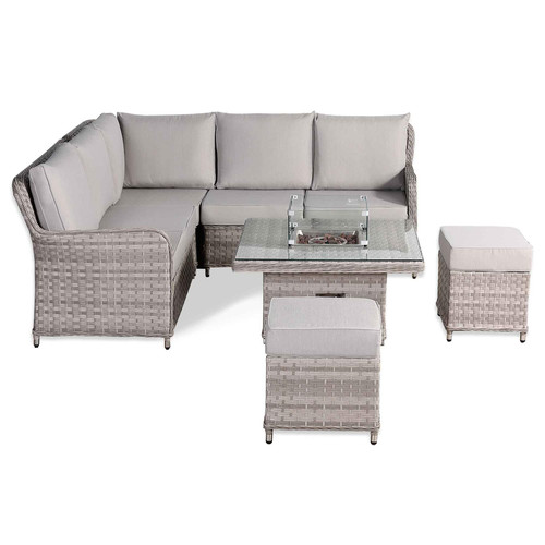 Grey Rattan Garden Corner Sofa Set with Rising Fire Pit Table