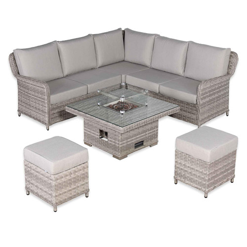 Grey Rattan Garden Corner Sofa Set with Rising Fire Pit Table