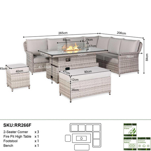Rattan Garden Right Hand Corner Sofa Set with Rising Fire Pit Table