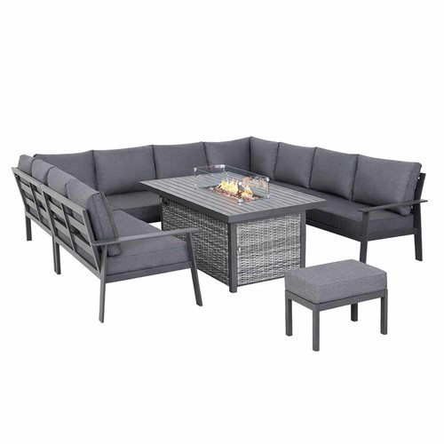 Outdoor 9 Seater U Shaped Sofa Set with Fire Pit Table