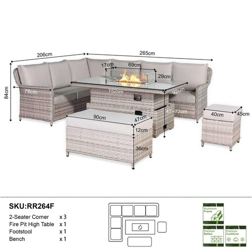 Rattan Garden Left Hand Corner Sofa Set with Rising Fire Pit Table
