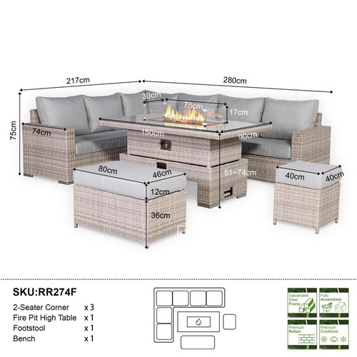 Outdoor Rattan Corner Sofa Set with Fire Pit Rising Table
