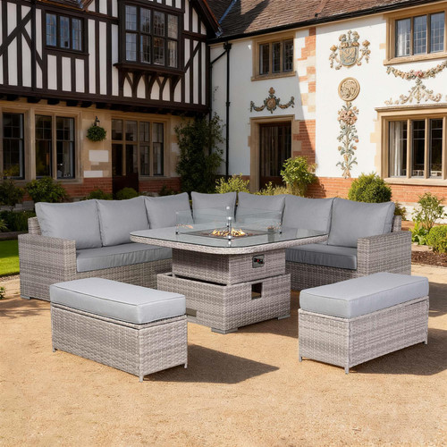 Outdoor Rattan Corner Sofa Set with Fire Pit Rising Table