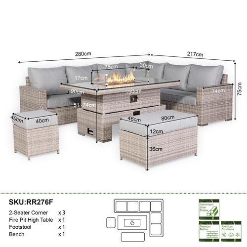 Outdoor Rattan Corner Sofa Set with Fire Pit Rising Table