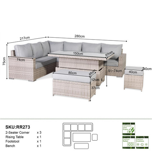 Outdoor Corner Sofa Set with Adjustable Rising Table