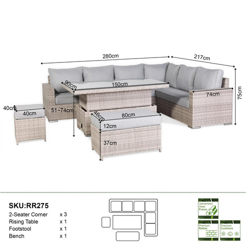 Outdoor Rattan Corner Sofa Set with Rising Table & Cushions