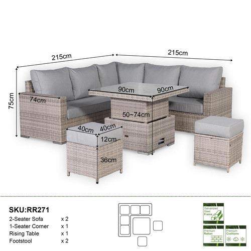 Outdoor Rattan Corner Sofa Set with Rising Table & Footstool