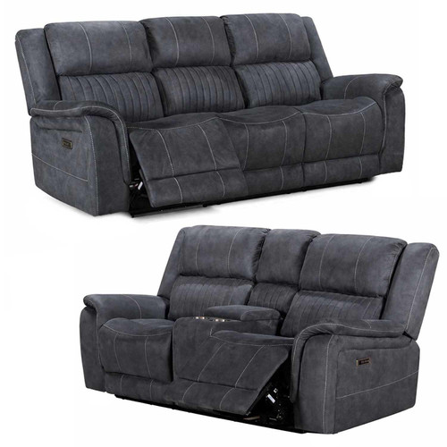 Cassandra 3 + 2 Reclining Sofa Set Grey Fabric USB Console