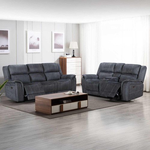 Cassandra 3 + 2 Reclining Sofa Set Grey Fabric USB Console