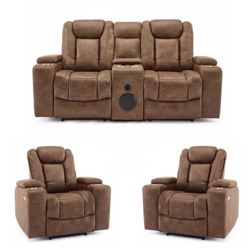 Juniper Electric Recliner 2+1+1 Sofa Set USB Cup Holders Brown or Grey