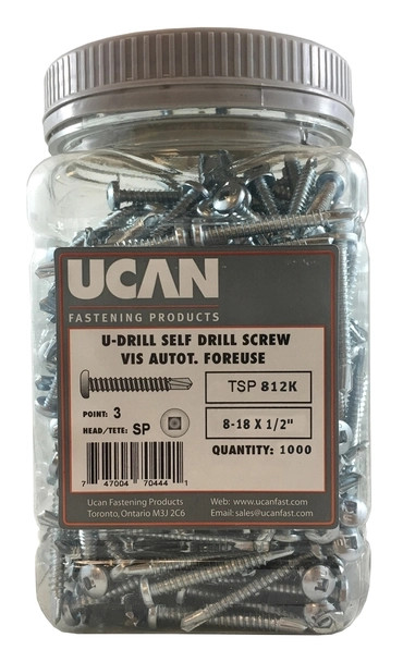 8-18 X 1/2" SP/2 U-DRILLS, Z/P, JUG OF 1000 PCS
