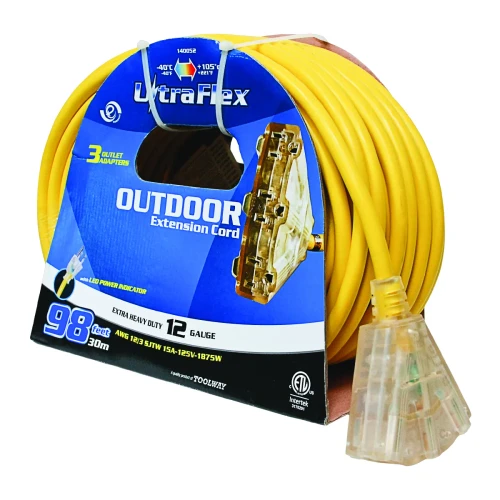 FlexiCord 100ft 12/3 Outdoor 3-Tap Yellow Extension Cord