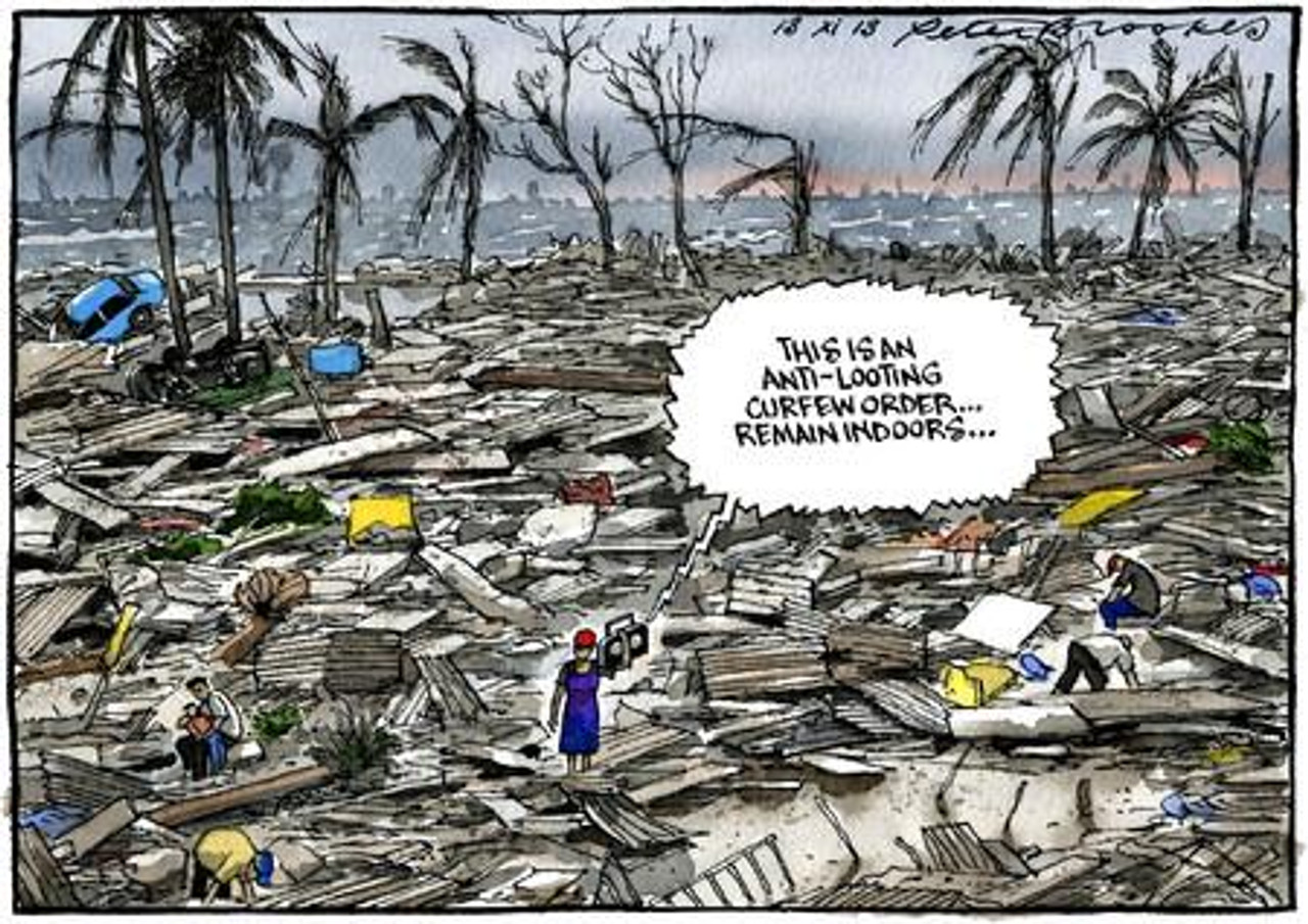 26435594-date: 13 11 2013 – Peter Brookes cartoon for The Times. This is an  anti-looting curfew order. . . Remain indoors. . . Typhoon Haiyan aftermath  in the Philippines. Credit: The Times. Online - The Times | Newsprints