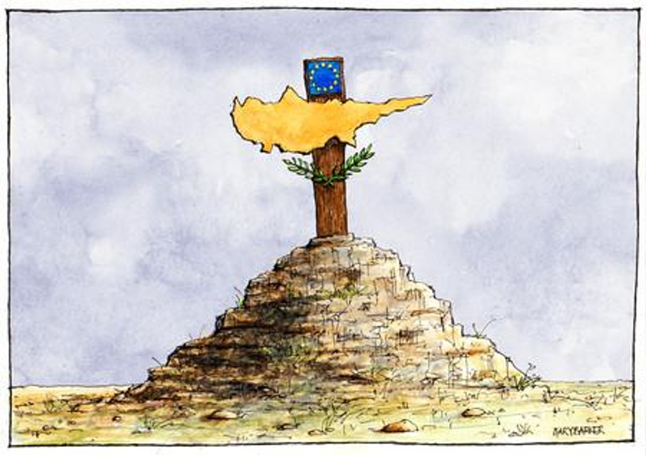 26637846 Gary Barker cartoon for The Times. Map of Cyprus on a grave with European Union logo