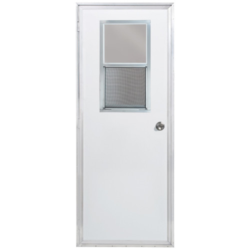 Dexter 34 x 74 Mobile Home Outswing Door with Vertical Sliding Window - Frosted Glass