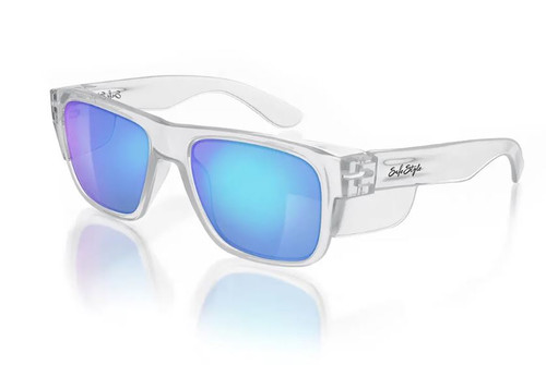 FUSIONS SAFETY GLASSES CLEAR FRAME / BLUE POLARISED LENS