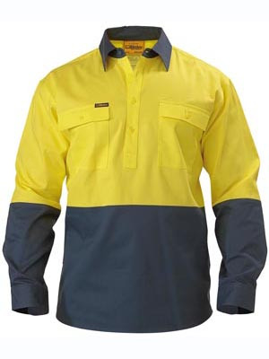 2 TONE HI-VIS L/S DRILL SHIRT YELLOW/BOTTLE M
