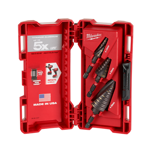 3PCE SHOCKWAVE TITANIUM STEP DRILL BIT SET IN CASE