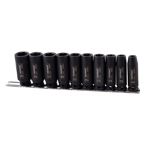 10PCE 3/8\" DR METRIC DEEP IMPACT SOCKET SET ON RAIL