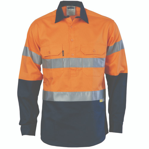 3XL HIVIS ORANGE/NAVY L/S COTTON DRILL SHIRT