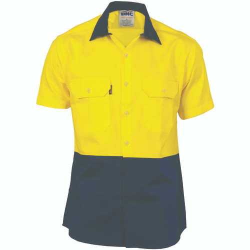 S HIVIS COOL-BREEZE YELLOW/NAVY S/S WORK SHIRT