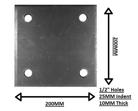 200MM X 200MM X 10MM WELD ON PLATE 4 X 1/2\" HOLES