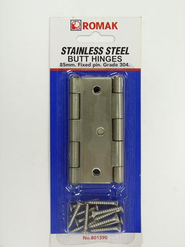 BUTT HINGE S/S FIX PIN 85MM 2PK