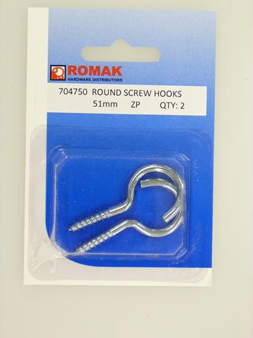 ROUND SCREW HOOK Z/P 51MM 2PK CARDED