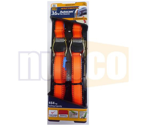 2PCE - 25MM X 3.6MTR MED. DUTY AUTOCAM TIE DOWNS