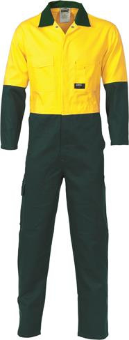 112S TWO TONE HIVIS YLW/BTL GRN CTN DRILL COVERALL