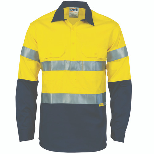 LGE HIVIS YELLOW/NAVY L/S COTTON DRILL SHIRT