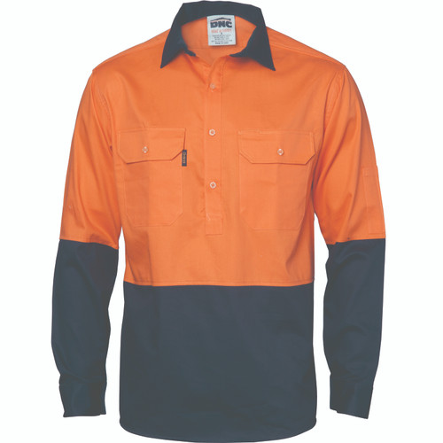 2XL ORANGE/NAVY HIVIS CLOSE FRONT COTTON DRILL L/S SHIRT