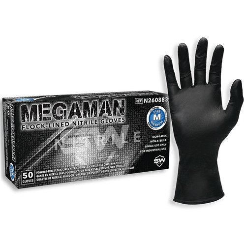 50PK LRG BLACK P/F SW MEGAMAN NITRILE DISPOSABLE GLOVES