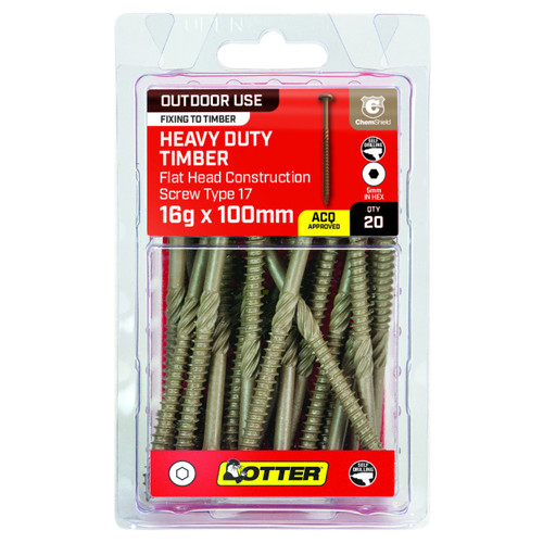 16GX100MM CHEMSHIELD FLAT HEAD CONSTRUCTION SCREW - 20PK