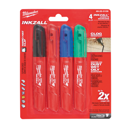 INKZALL 4PK BLK/BLU/RED/GR CHISEL TIP COLOURED MARKERS
