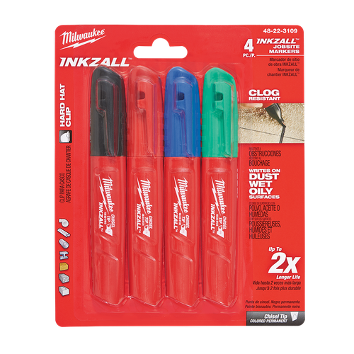 INKZALL 4PK BLK/BLU/RED/GR CHISEL TIP COLOURED MARKERS