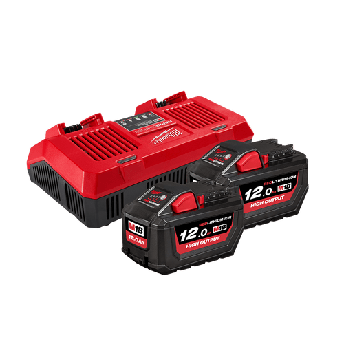 (O) 18V DUAL PORT BATTERY CHARGER & X2 12.0AH BATTERIES