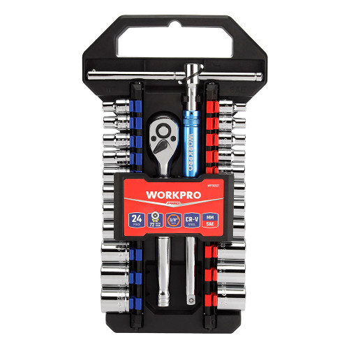 24PCE 3/8DRV MET/IMP SOCKET SET W/ RATCHET HANDLE