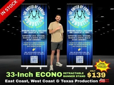 33-inch Econo Retractable Banner Stands only $139 plus free ground shipping - includes hardware and graphic print.