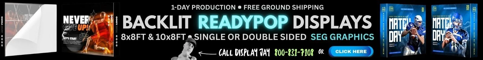10-foot and 8-foot backlit SEG ReadyPop Backdrop Displays produced in 1-day plus free ground shipping inside the U.S.